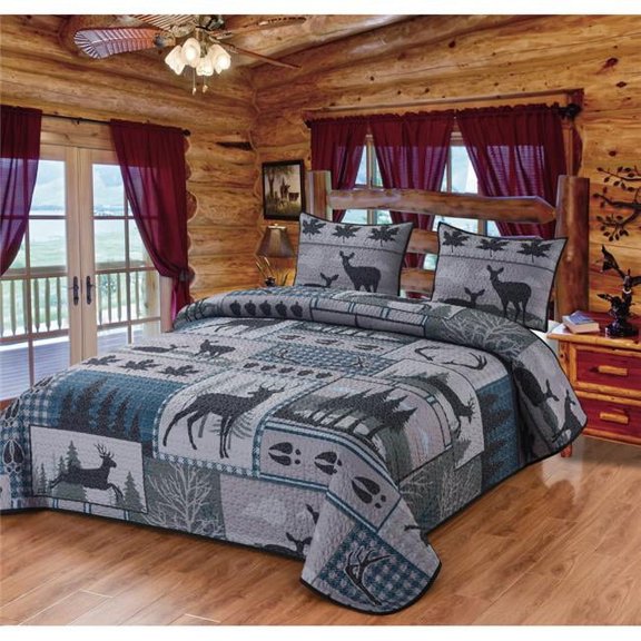 Deer Run Patchwork Quilt Quilted Bedding Set, Multi Color - King Size Quilt & 2 King Size Shams