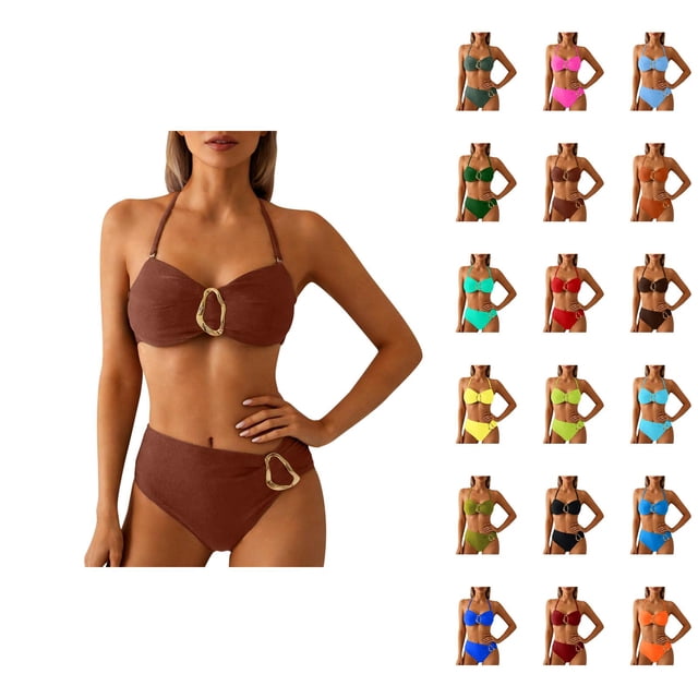 Bikinis for Women 2026 Fashionable Metal Buckle Adjustable Straps Top with High Waisted Bottom Two Piece Bathing Suits Woman