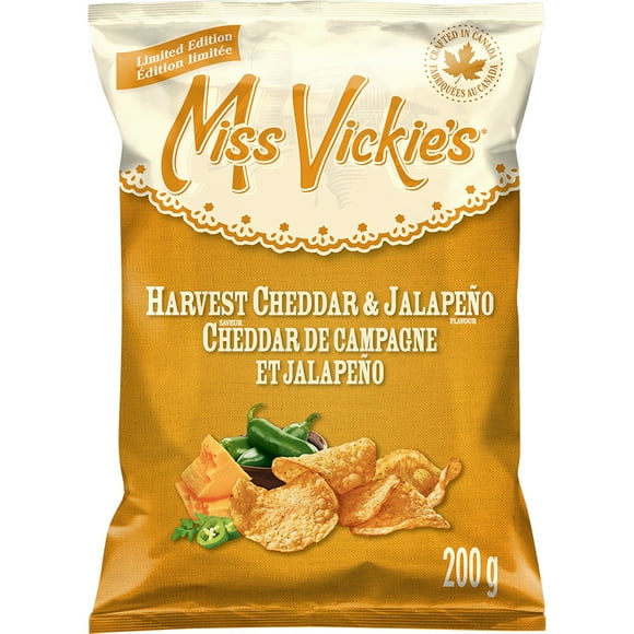 Miss Vickie's Harvest Cheddar & Jalapeño Flavour Kettle Cooked Potato Chips., 200 g.