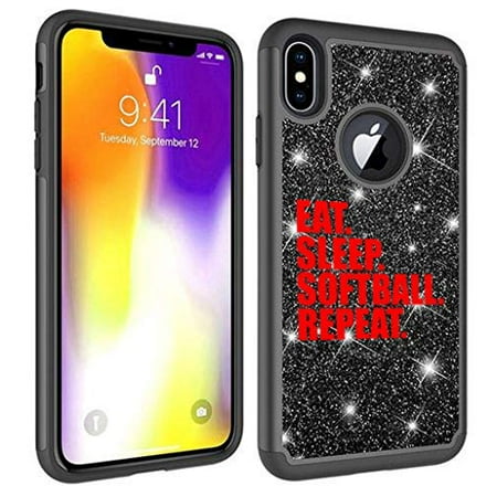 - Glitter Bling Sparkle Shockproof Protective Hard Soft Case Cover for Apple iPhone Eat Sleep Softball Repeat (Black, for Apple iPhone XR)