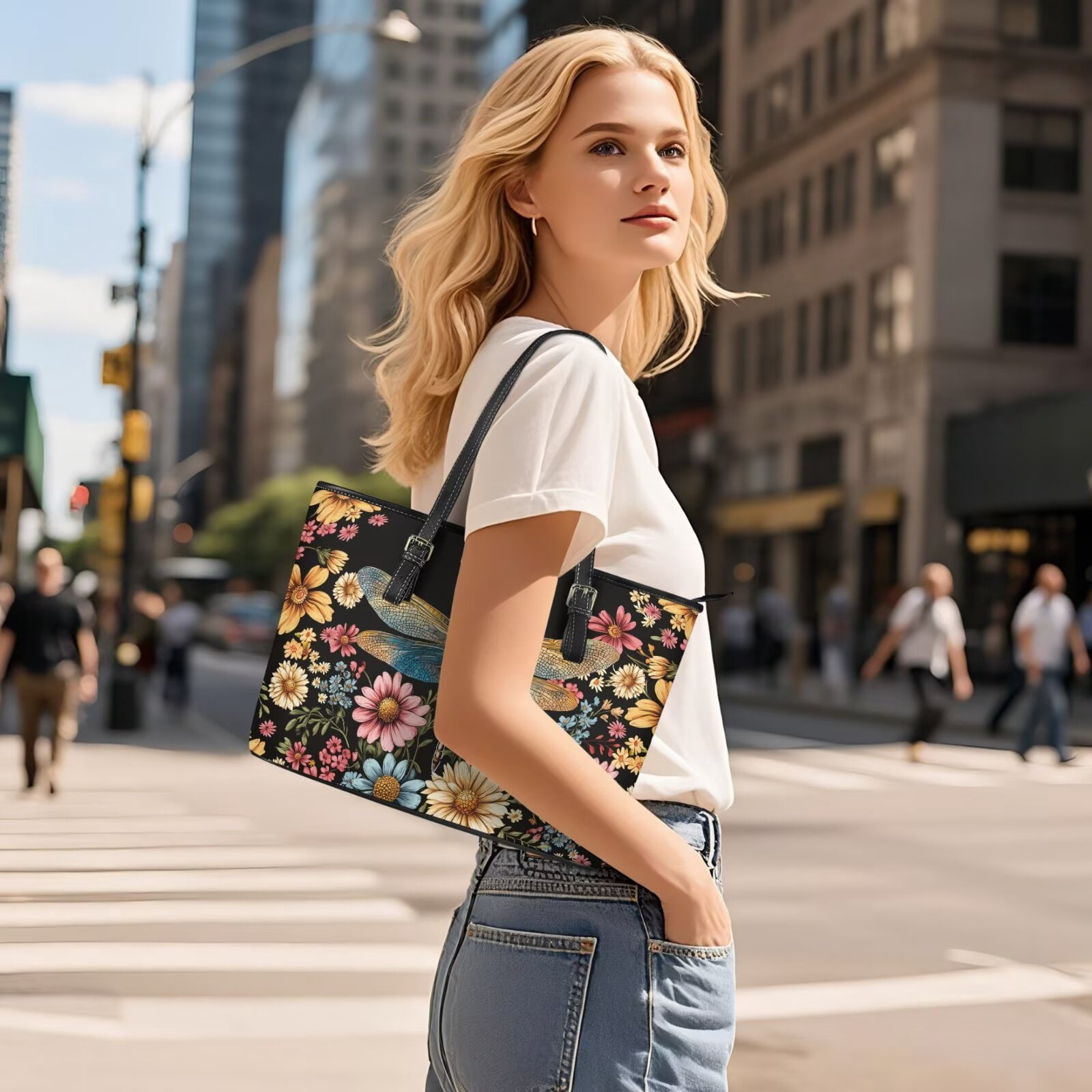 TSOVTHRID Dragonfly Daisy Floral Print Purse and Wallet Set for Women Tote Handbag Tote Purse and Wallet Set Shoulder Satchel Bags with Matching Purse for Working Shopping