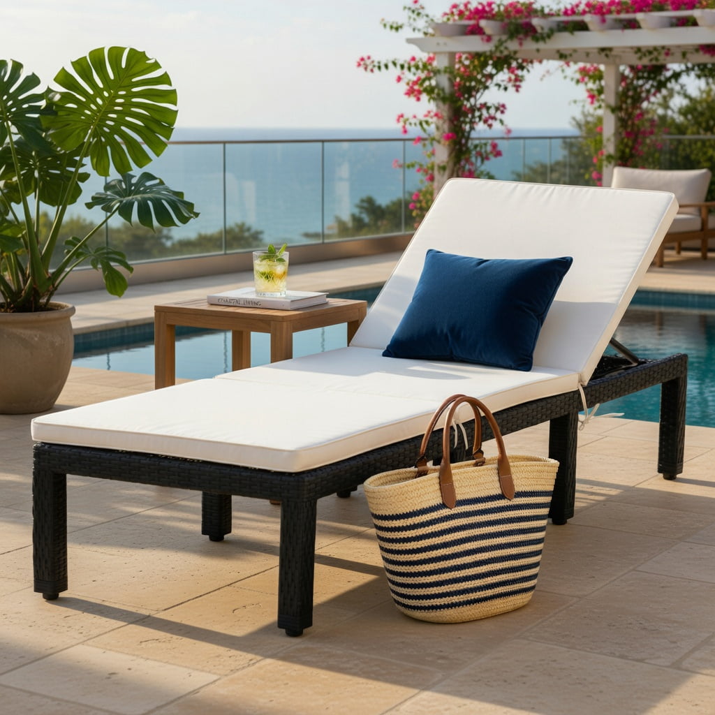 Hommoo Adjustable Height Outdoor Rattan Chaise Lounge Chair with Thick Cushion, PE Wicker Patio Lounger for Poolside, Garden, Porch, White