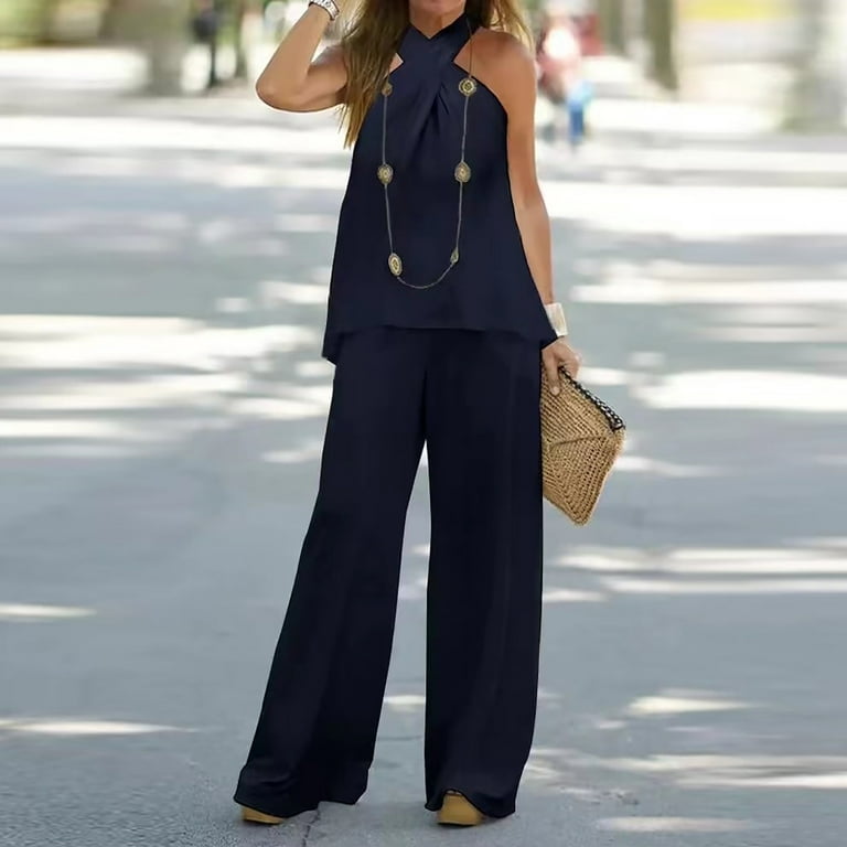 Buy QJPAXL Solid Casual Loose Wide Leg Pant Suit Fashion 2 Piece