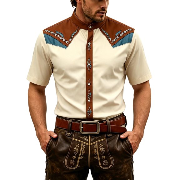 VeFlora Men's Oktoberfest Outfits, Short Sleeve Button Down Oktoberfest Shirts for Men, Casual Top for Oktoberfest, Party and Festival Wear(Beige1/S)
