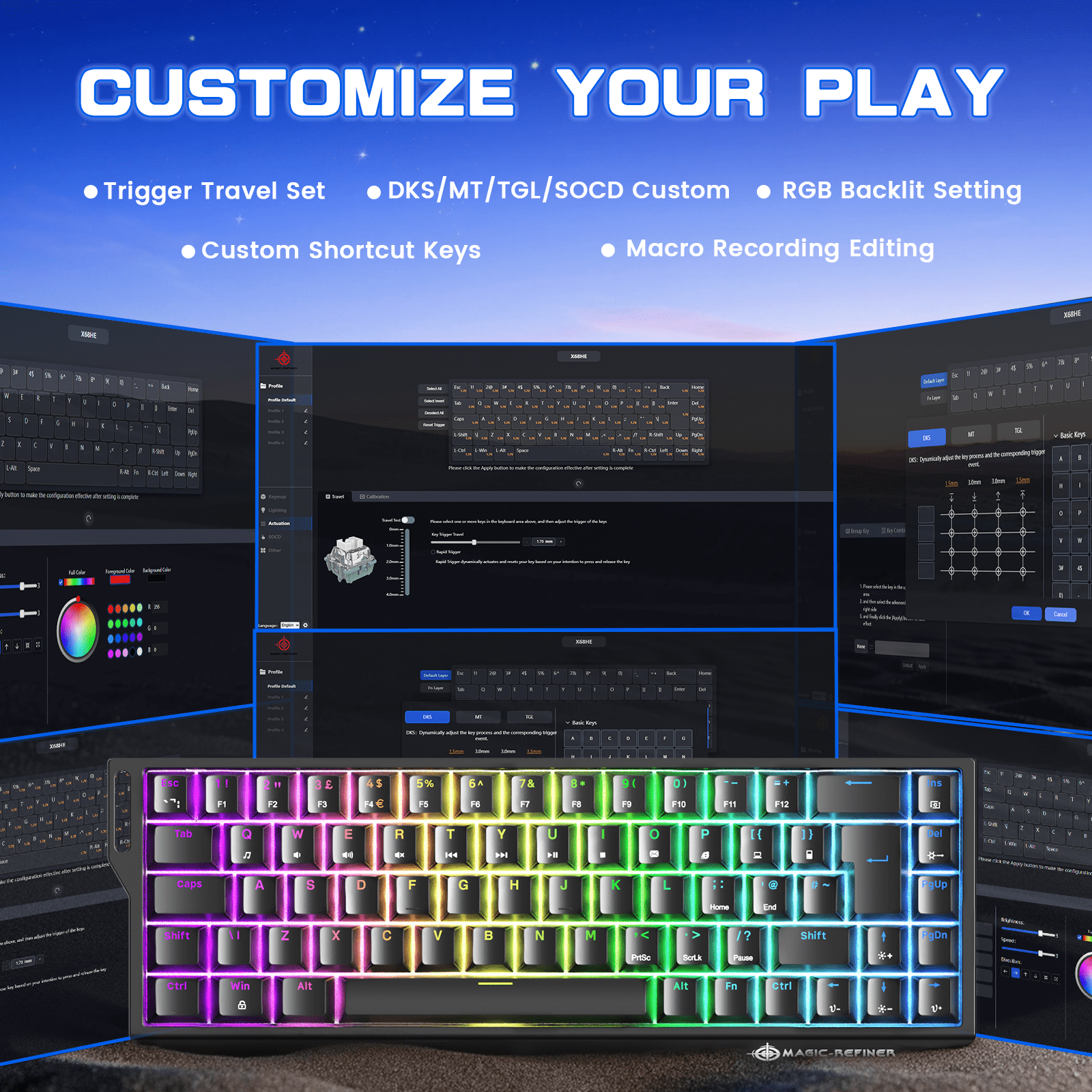 MAGIC-REFINER X68 HE Wired 60% Hall Effect Rapid Trigger Mechanical RGB Gaming Keyboard with 8K Polling,0.04mm RT Accuracy,Magnetic Switch,Adjustable Actuation,Snap Tap for PC Mac Esport Gamer(Black)