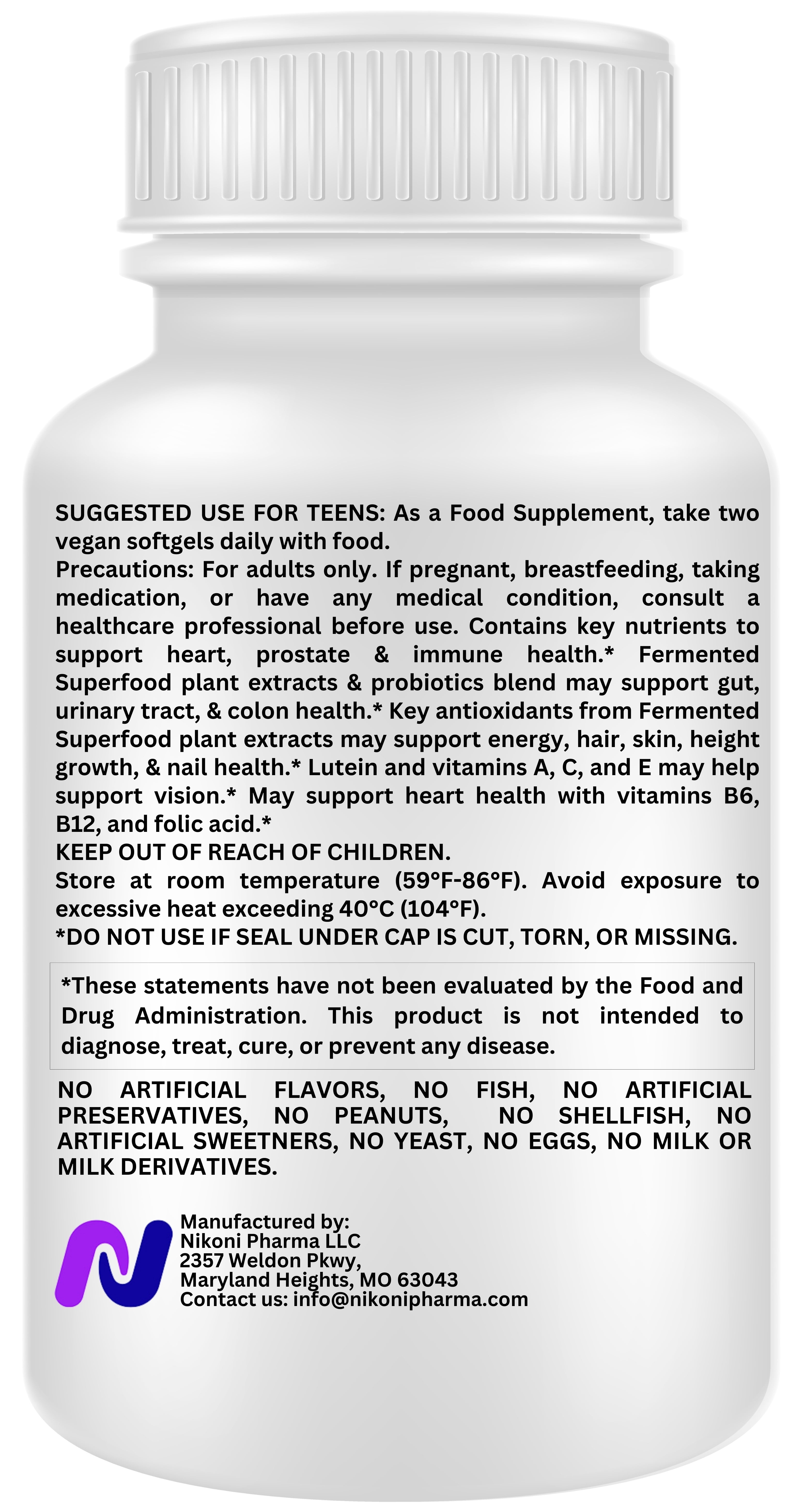 Nikoni Teen Girls' Fermented Multivitamin Mineral Vegan Softgels for Better Absorption 60 Count