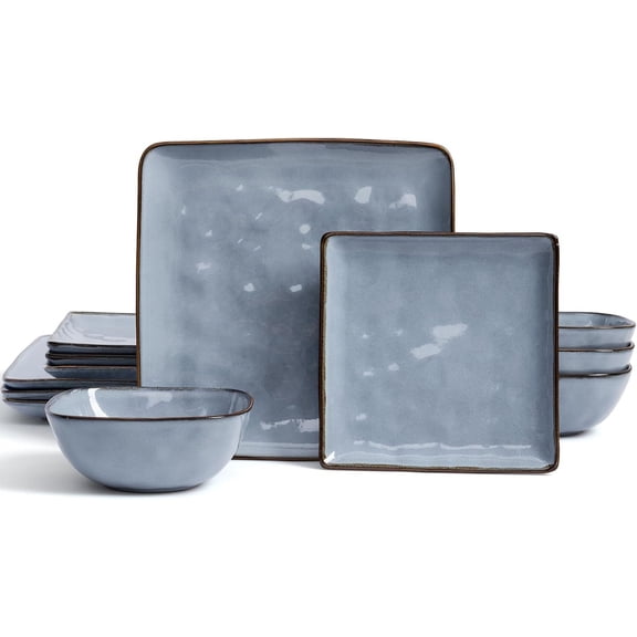 12-Piece Dinnerware Set for 4 Blue Reactive Glaze Plates and Bowls Microwave and Dishwasher Safe