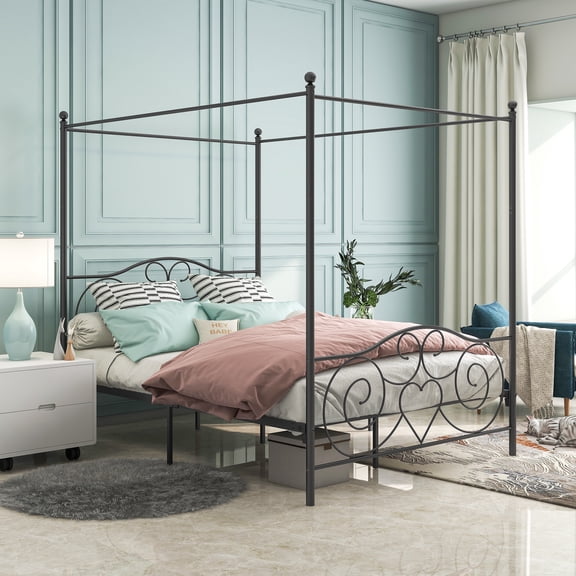 MAYEERTY Black Metal Queen Canopy Bed Frame: Exquisite Vintage Styling with Headboard & Footboard, Easy DIY Setup