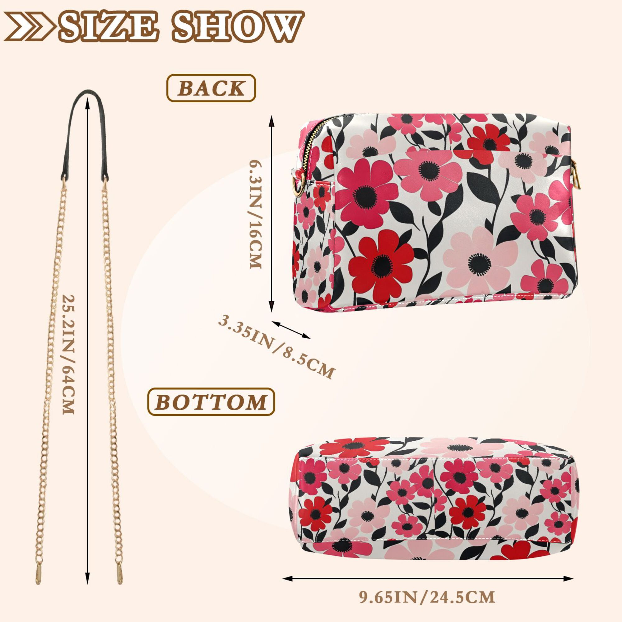 FORMRS Women Crossbody Purse with Chain Strap Vegan Leather Shoulder Handbag, Pink and Red Flowers