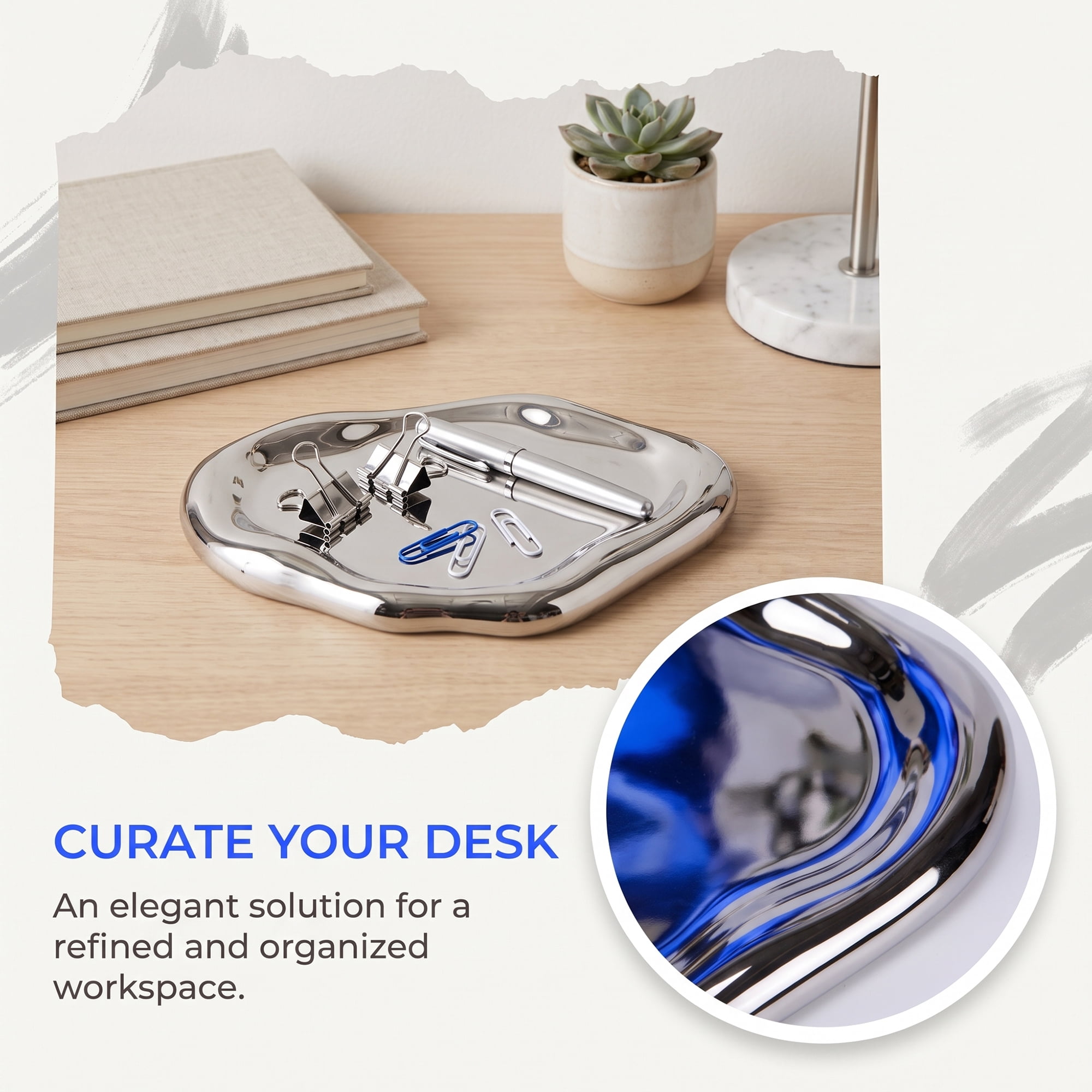 Unique Bargains Modern Ink Wash Ceramic Irregular Long Catch-all Tray Silver 7.7" x 5.3" x 0.6"