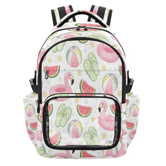 Qxltty Flamingo Swim Ring Backpack School Bookbag with Clear PVC Front Pocket, Laptop Compartment, Water Resistant Travel Daypack for Students