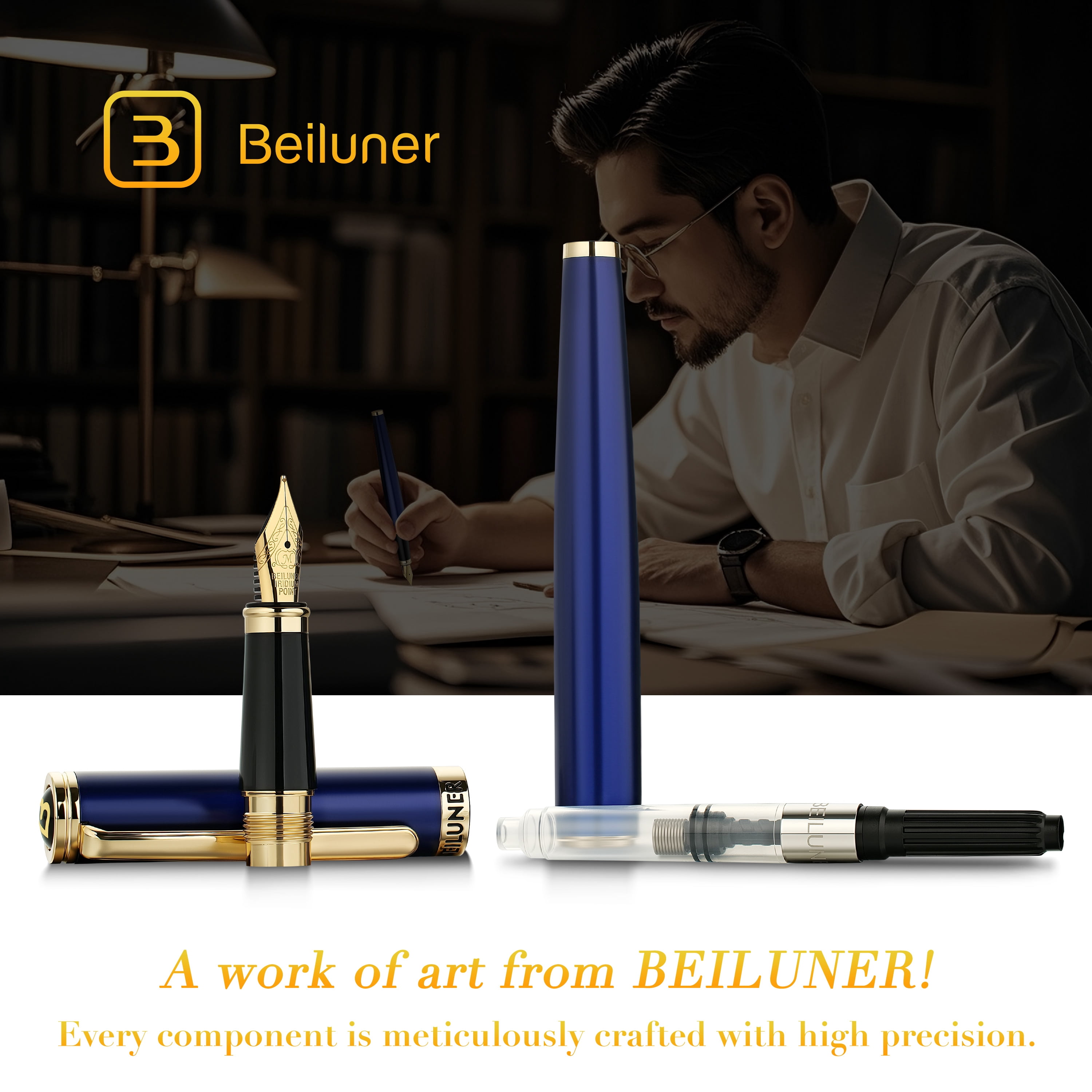 BEILUNER Blue Fountain Pen,Stunning Luxury Pen,24K Gilded Nib(Medium),Gorgeous 24K Gold Finish,German Schneider Ink Converter,Trustworthy Pen Gift for Men&Women-Elegant, Reliable,Nice Pen for Writing