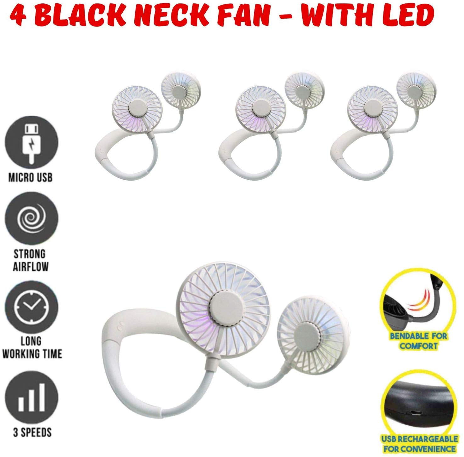 Portable Rechargeable Necklace Fan 360 Hands Free Neck Fan Desk Bendable Cooler