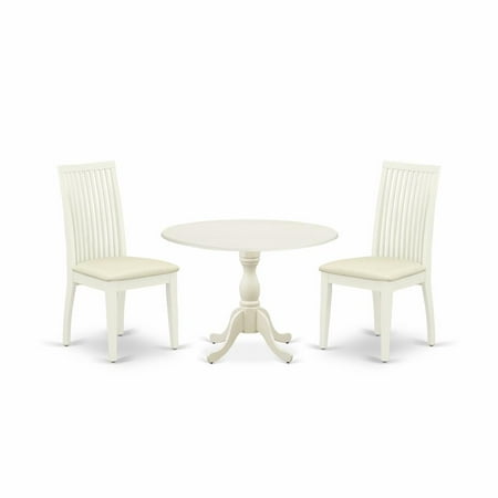 East West Furniture DMIP3-LWH-C 3 Piece Dining Room Table Set Contains 1 Drop Leaves Dining Room Table and 2 Linen White Dining Room Chairs with Slatted Back – Linen White Finish