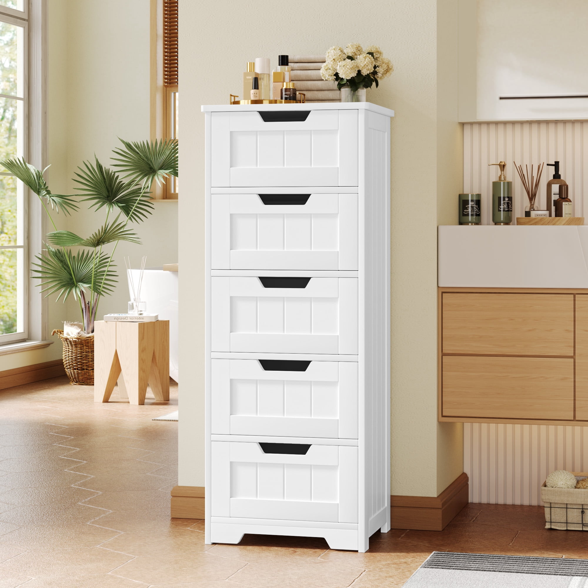 Homfa Modern Bathroom Cabinet, Free Standing Storage Cabinet with 5 Drawers Organizer Unit for Living Room Bedroom, White