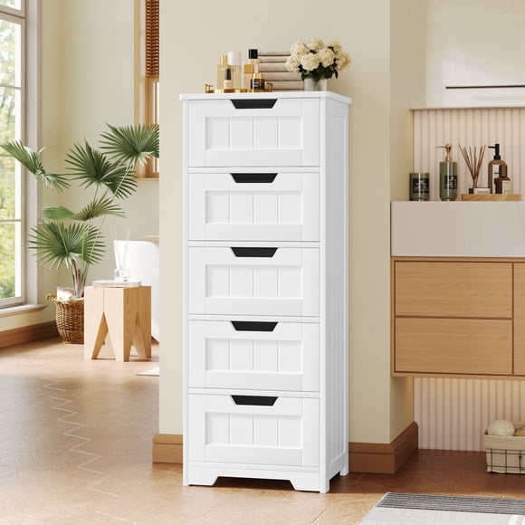 Homfa Armoire de Salle de Bain Moderne, Armoire de Rangement Autoportante avec Unité Organisatrice à 5 Tiroirs pour Salon Chambre, Blanc