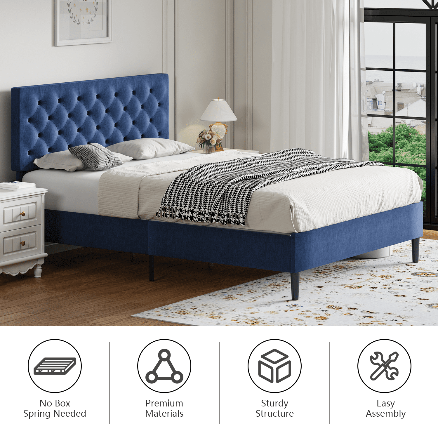 4 Ever Winner King Size Bed Frame, Upholstered Platform Bed with Headboard, Button Tufted Headboard, Blue