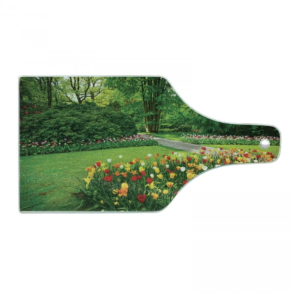 Garden Cutting Board, Garden with Tulip Flowers and Trees Springtime in Keukenhof Netherlands Europe, Tempered Glass Cutting and Serving Board, Wine Bottle Shape, Green and Red, by Ambesonne