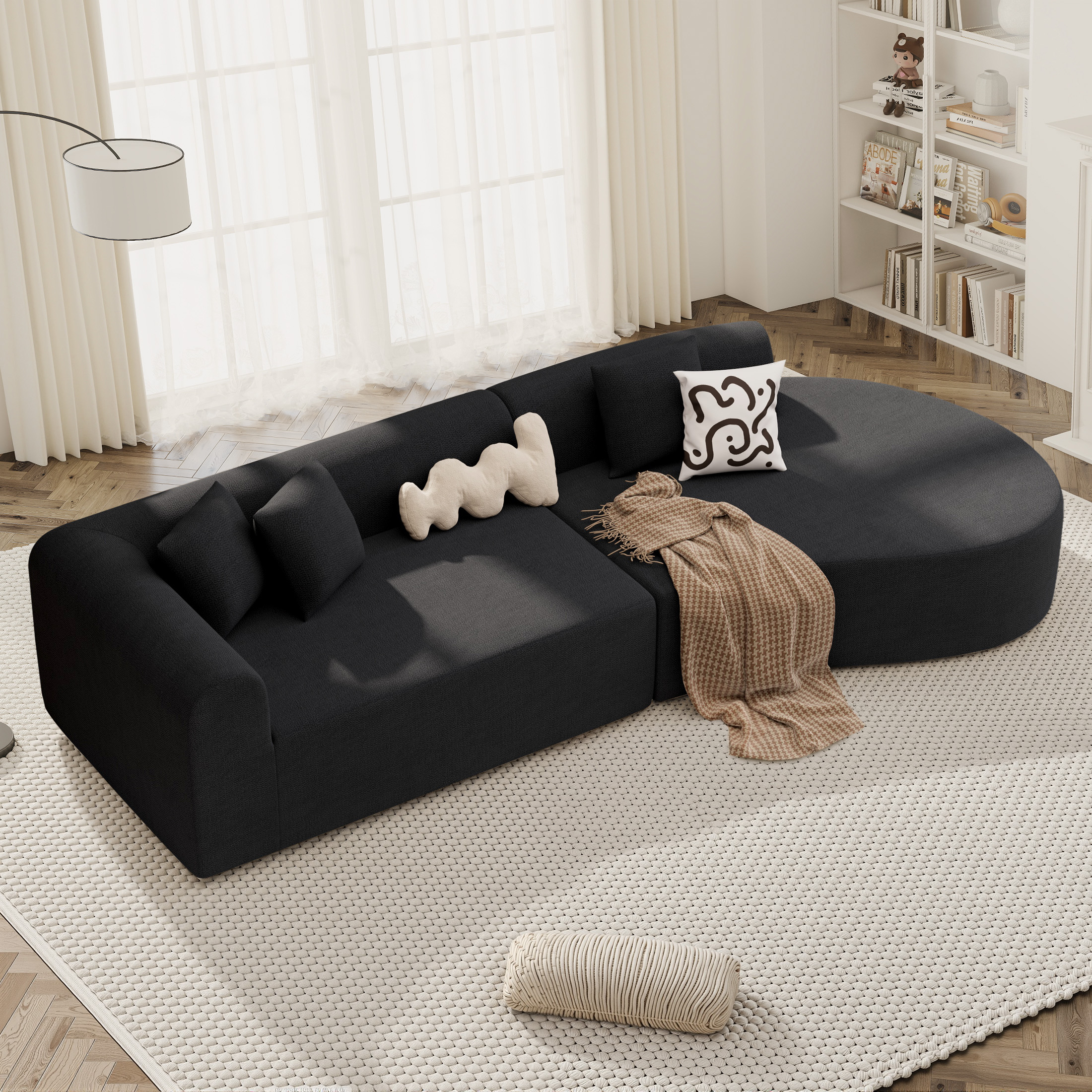 Hawsaiy 126" Oversized Modular Sectional Sofa, Modern Deep Seat Curved Cloud Couch, Soft Chenille Upholstered Sofa for Living Room, Black, No Assembly