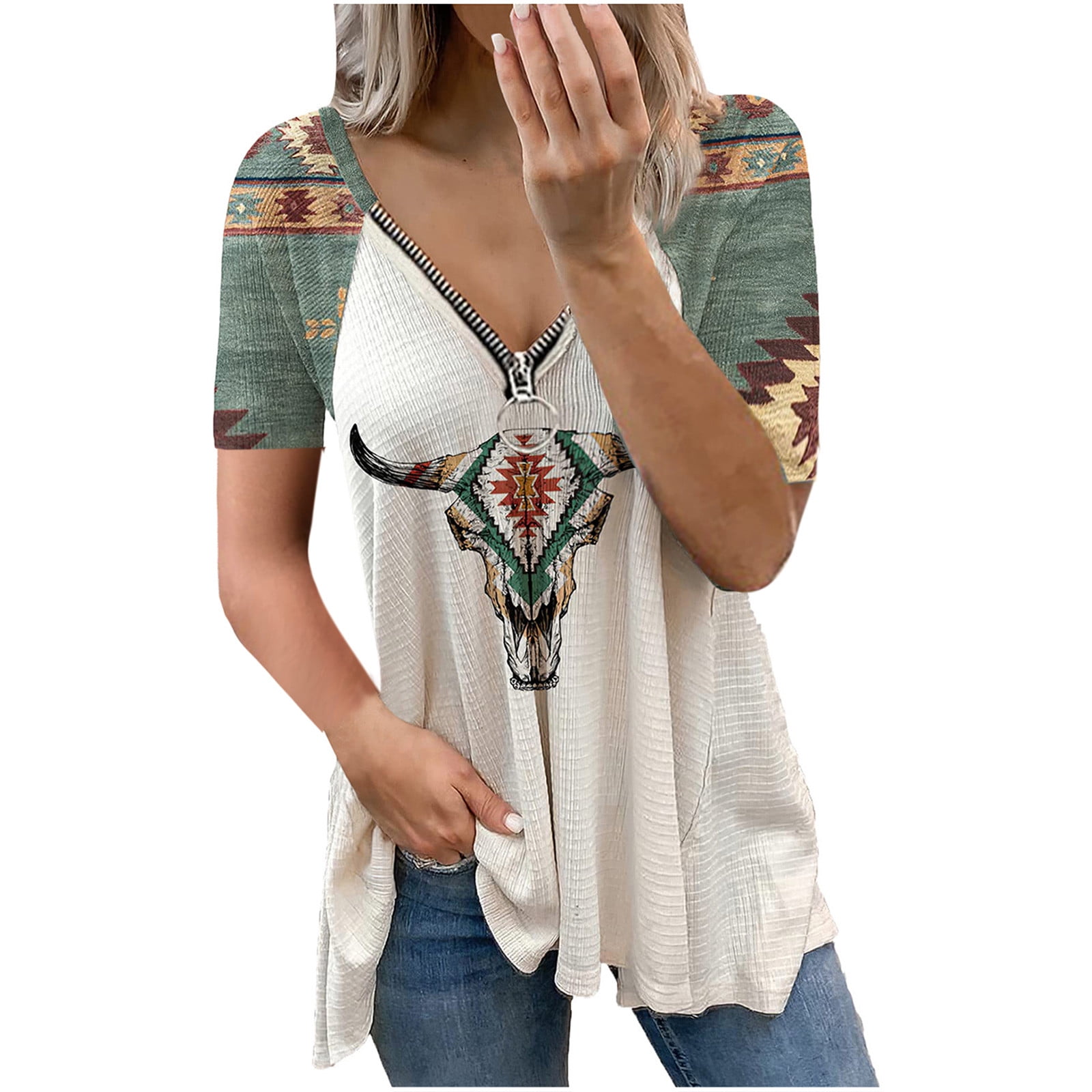 Women Tops T-Shirts Geometric Pattern Printed Zipper V Neck Cold Shoulder Short Sleeve Pullover Blouse Tees 