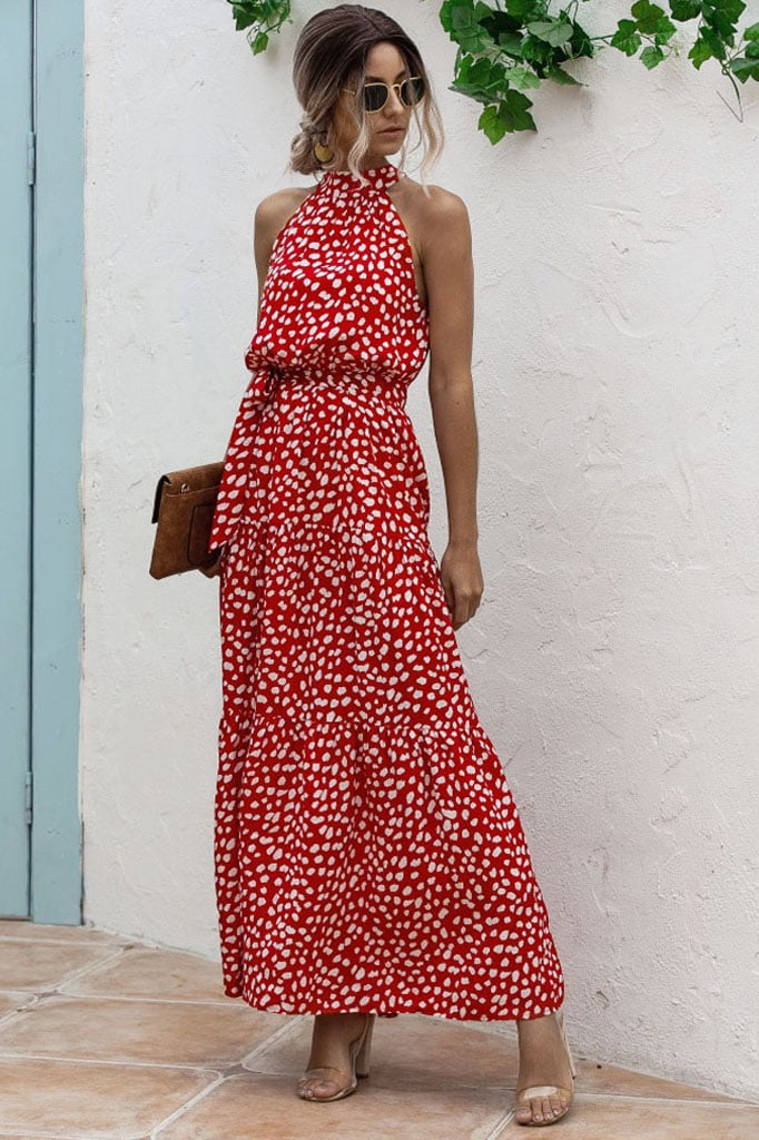 Afstotend Echter Kiwi Mengpipi Summer Halter Dresses for Women High Waist Sleeveless Maxi Dress  Sundress with Belt, Deep red-S(US 4) - Walmart.com