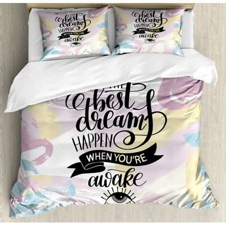 Dream Duvet Cover Set Queen Size, The Best Dreams Happen When You are Awake Colorful Aquarelle Paint Smear Background, 3 Piece Bedding Set with 2 Pillow Shams, Multicolor, by