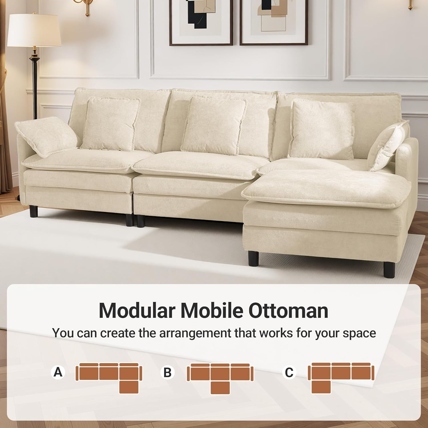 Howcool Cloud Couch Modular Sectional Sofa 3 Seat 107" L Shaped Convertible Couch Chenille Thick Cushion with Ottoman, Removable & Washable Cover for Living Room, Beige