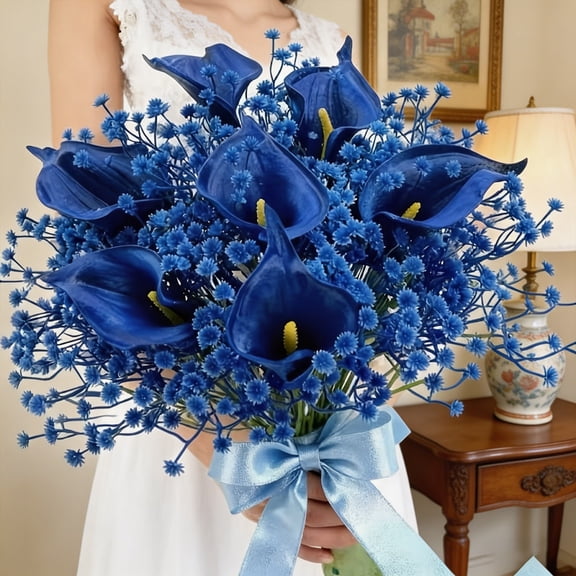 Bcylexb 13.7" Artificial Fake Blue Flowers Set, 60Pcs Baby's Breath & 6Pcs Callas Lilies Faux Flower Bouquet for Vase Table Wedding Centerpiece Home Floral Arrangement Decor