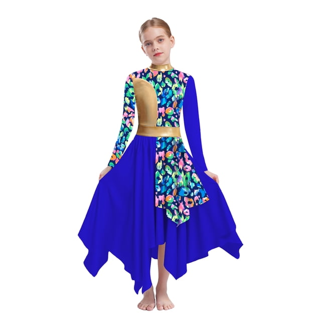 Freebily Robe de Danse pour Filles Manches Longues Imprimé Camouflage Robe Maxi de Prière Tunique Lituricale Bleue 6