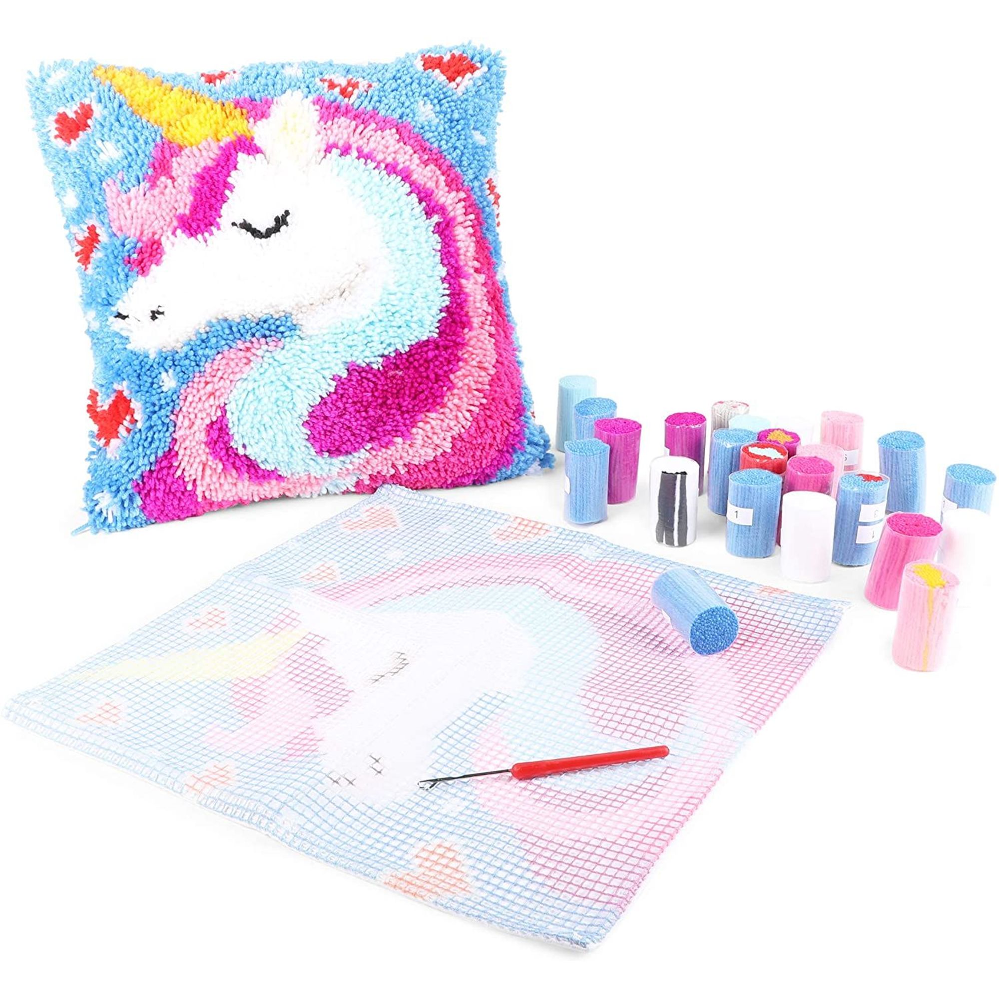 Unicorn Latch Hook Kit for Kids DIY Throw Pillowcase, 23 Colorful Yarn