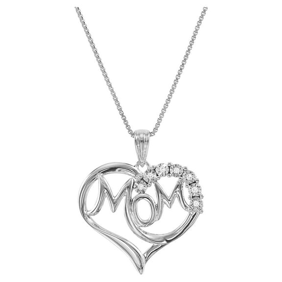 Brilliance Fine Jewelry Women's Natural Diamond Accent Mom Heart Sterling Silver Pendant and Necklace, 18"