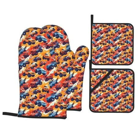 

Oven Mitts and Pot Holders 4 pcs Set off road racing car SUV Heat Resistant Pot Holders Oven Mitts for kitchen Non-Slip Hanging Loop Oven Glove Potholders for Baking Cooking