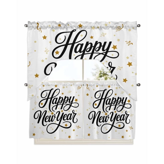 Happy New Years Kitchen Curtains Swag Valance and Tier Curtains Set 24 Inch Length, Winter Holiday Yellow Stars Ribbons Rod Pocket Drape Panels Pair Swag Curtains for Bathroom/Cafe/Window