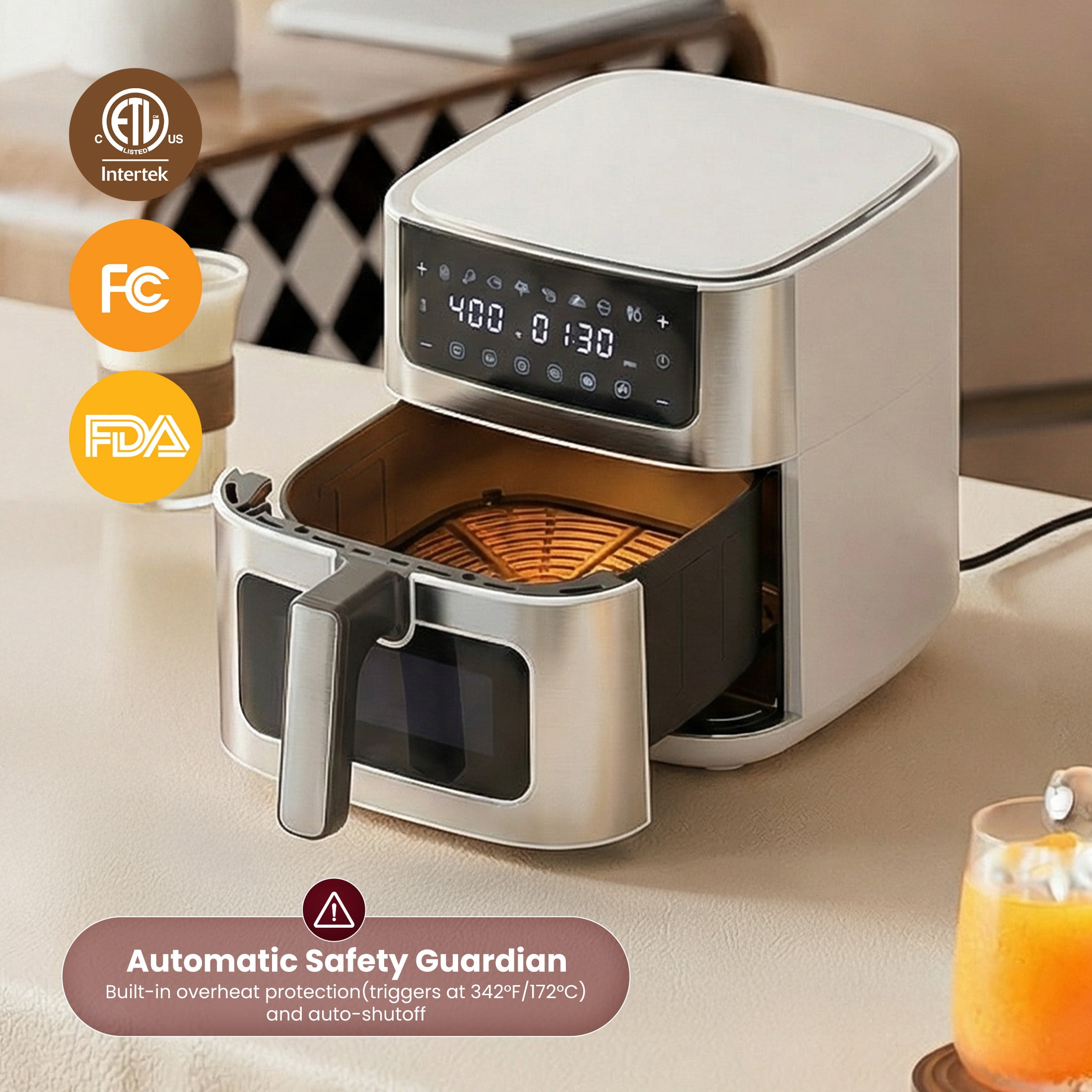 EDX 6QT Stainless Steel Air Fryer with Digital Touchscreen, 1500W, 8 Presets, Dishwasher Safe Basket, 90 Min Timer, 24H Delay Start, White