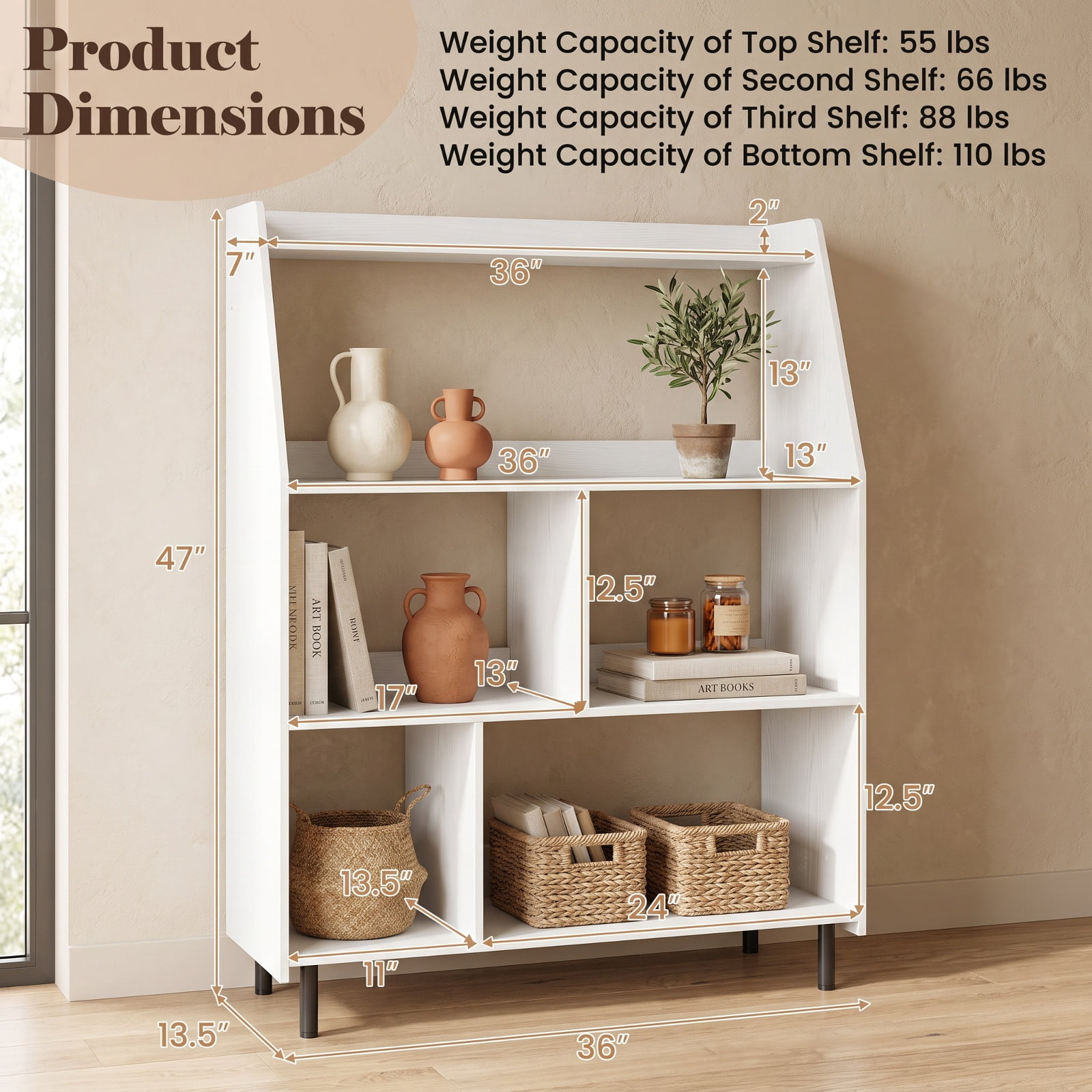 Furnibear 4-Tier Open Modern Bookcase with 2 Anti-Tipping Kits for Living Room Home Office Bedroom Display Storage Shelf, White