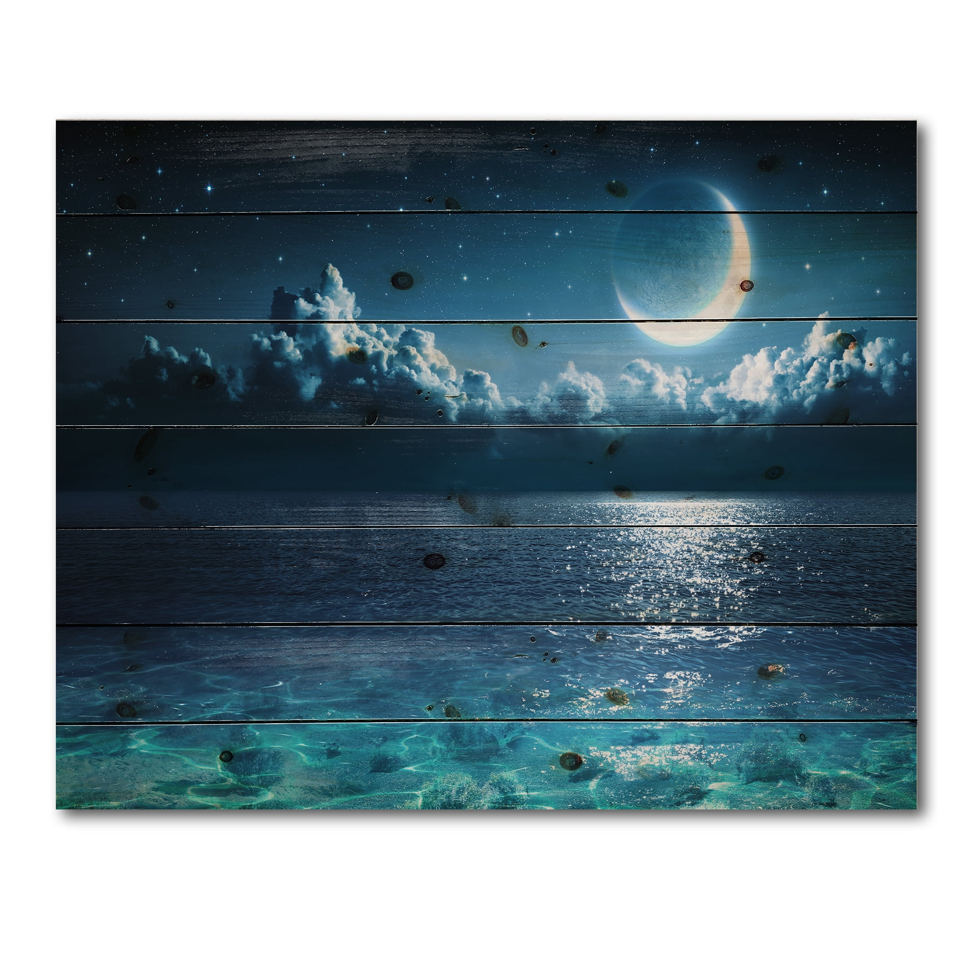 Designart 'Romantic Moon and Clouds Over Deep Blue Sea I' Nautical & Coastal Print on Natural Pine Wood