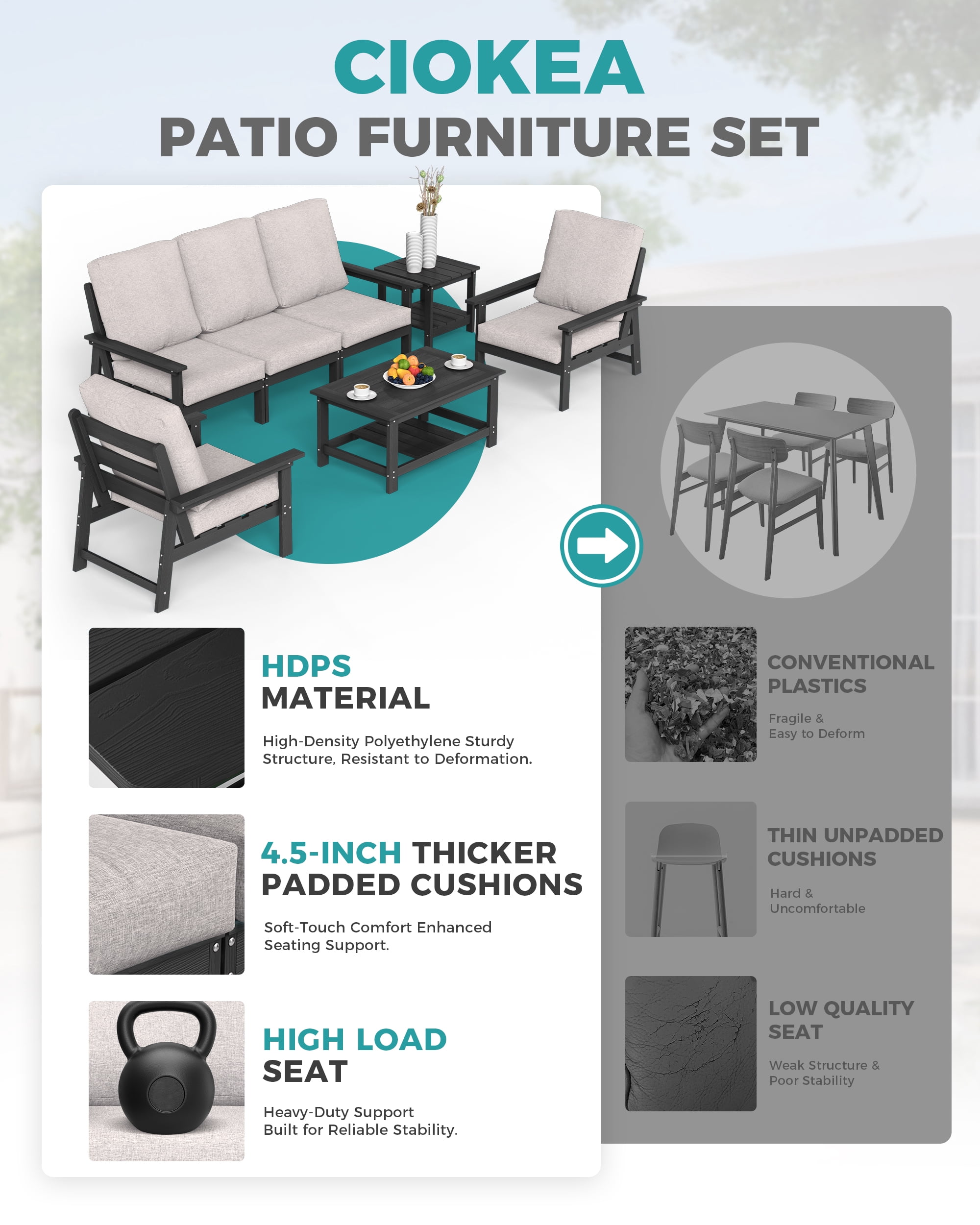 Harbweb 7-Piece HDPS Outdoor Sofa Patio Furniture Set, Black Frame with Beige Cussion