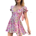 thumbnail image 1 of SAYOO Women’s Casual Short Sleeve Dress Fashion Flower Printed V-neck High Waist A-line Dress, 1 of 5