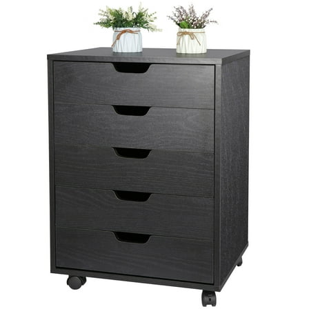 YEXJ 5 Drawers Chest Wood Storage Dresser Cabinet with Wheels for Bedroom Living Room,Black