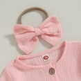 thumbnail image 3 of Okbabeha Baby Girl Fall Outfits Cotton Linen Solid Color Ruffle T-Shirt Dress+Long Pants Headband Toddler Winter Clothes, 3 of 7