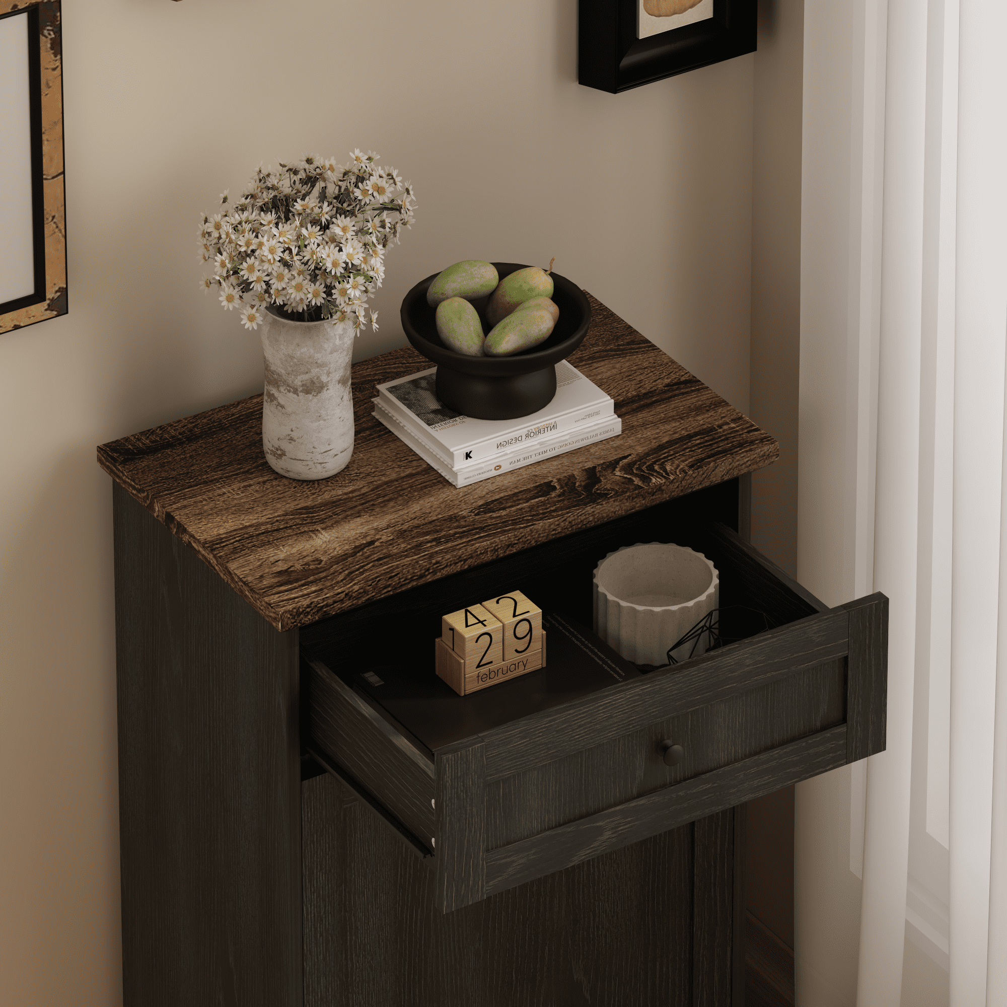 10 Gallon Tilt Out Trash Cabinet Freestanding Trash Bin Cabinet Wood Garbage Recycling Cabinet with Hideaway Drawer Pet Proof Trash Can Holder for Kitchen Living Room, Antique Black (not include can)