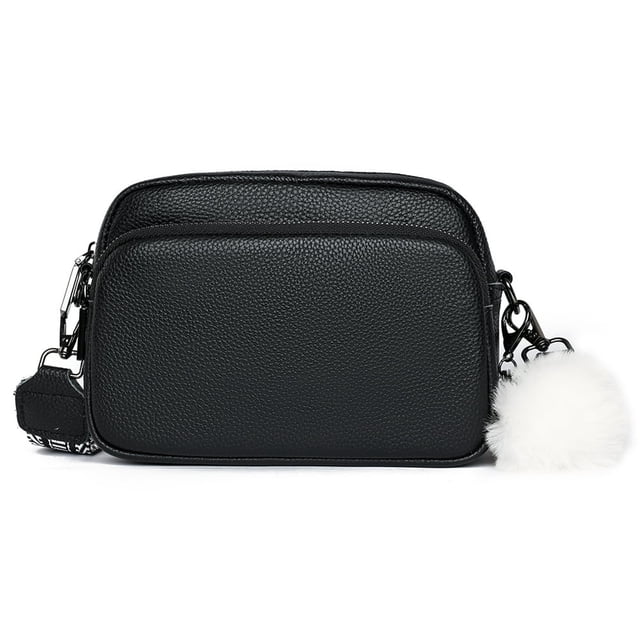 Women Coin Key Pouch Genuine Leather Commuting Purse with Pendant (Black)