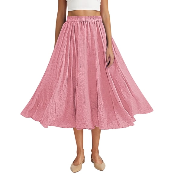 Hduncf Women's Linen Maxi Skirts High Waist Ankle Length Skirt Solid Color Loose Casual Skirt Summer Flowy Long Skirts Pink Free Size