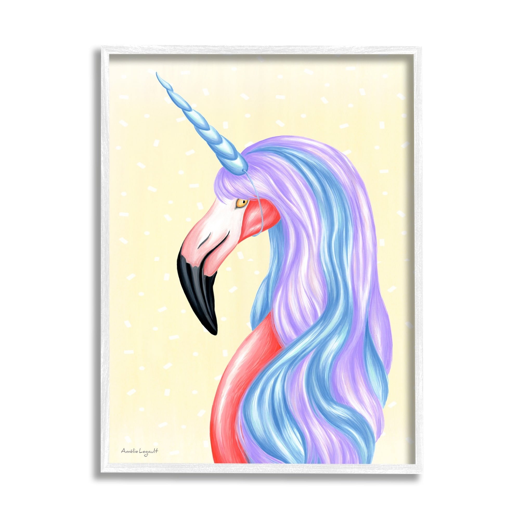 Stupell Industries Radiant Flamingo Bird Pastel Unicorn Horn Hair Graphic Art White Framed Art Print Wall Art, Design by Amelie Legault