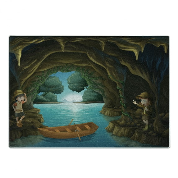 Colorful Cutting Board, Young Explorers Inside a Cave Creek in Woodlands Surreal Fantasy Theme, Decorative Tempered Glass Cutting and Serving Board, in 3 Sizes, by Ambesonne