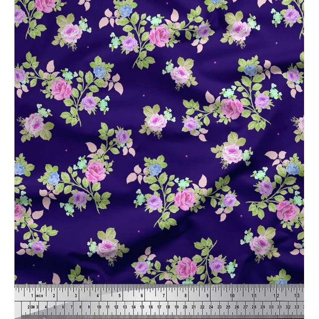 Soimoi Poly Georgette Fabric Leaves, & Rose Floral Printed Fabric 1 Yard 42 Inch Wide