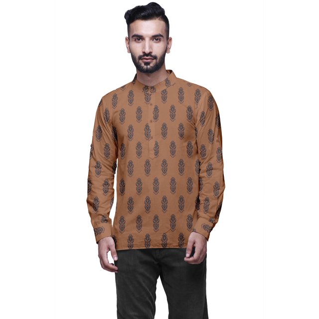 Atasi Indian Short Kurta For Men Chinese Collar Button Down Casual CottonShirt