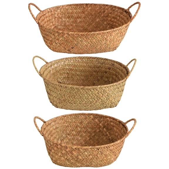 3 Pcs Rattan Woven Storage Baskets, Round Handwoven Food Basket Set with Double Handles, Versatile Wicker Fruit Basket for Organizing Sundries, Brown