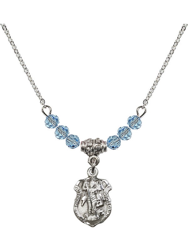 18-Inch Rhodium Plated Necklace with 4mm Peridot Birthstone Beads and Sterling Silver Saint Michael the Archangel Charm. 