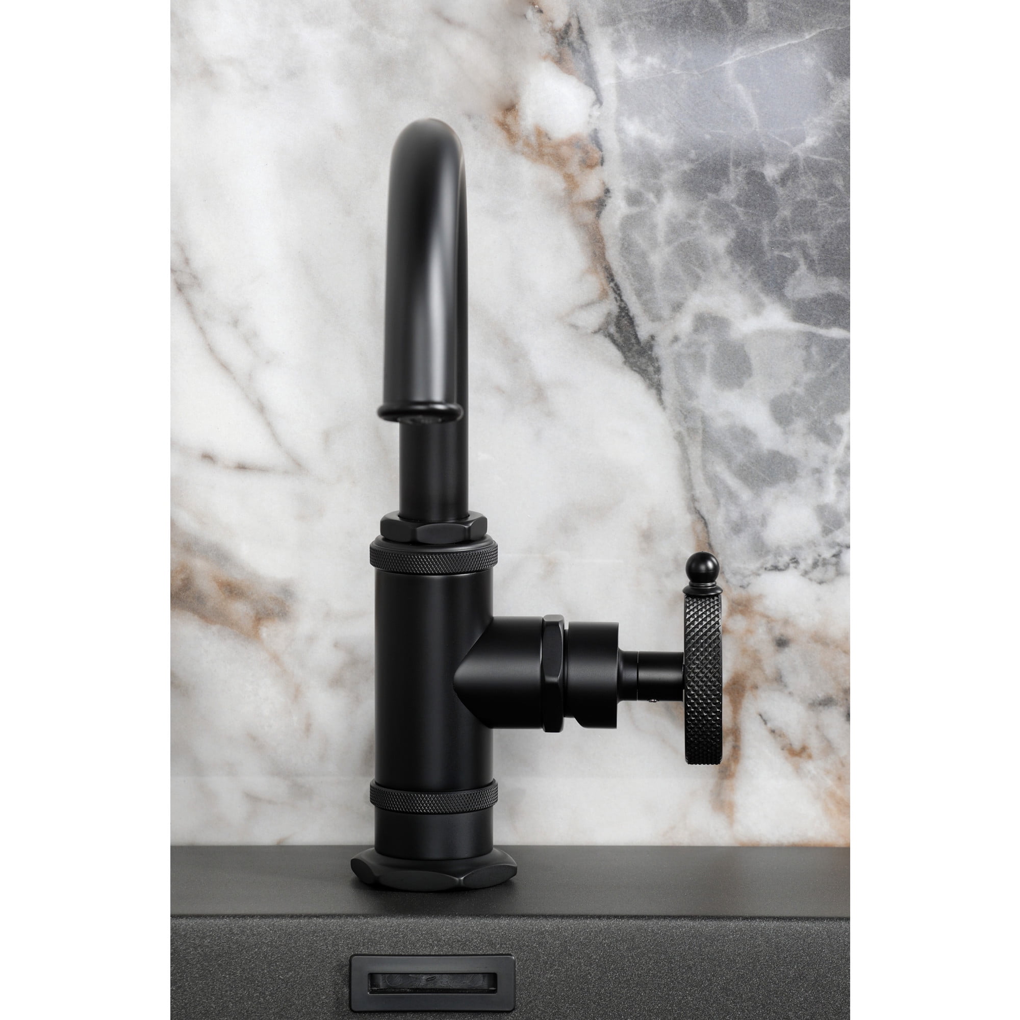 Kingston Brass KSD2210RKX Webb One-Handle 1-Hole Bathroom Faucet with Knurled Handle, Deck Plate, and Push Pop-Up Drain in Matte Black